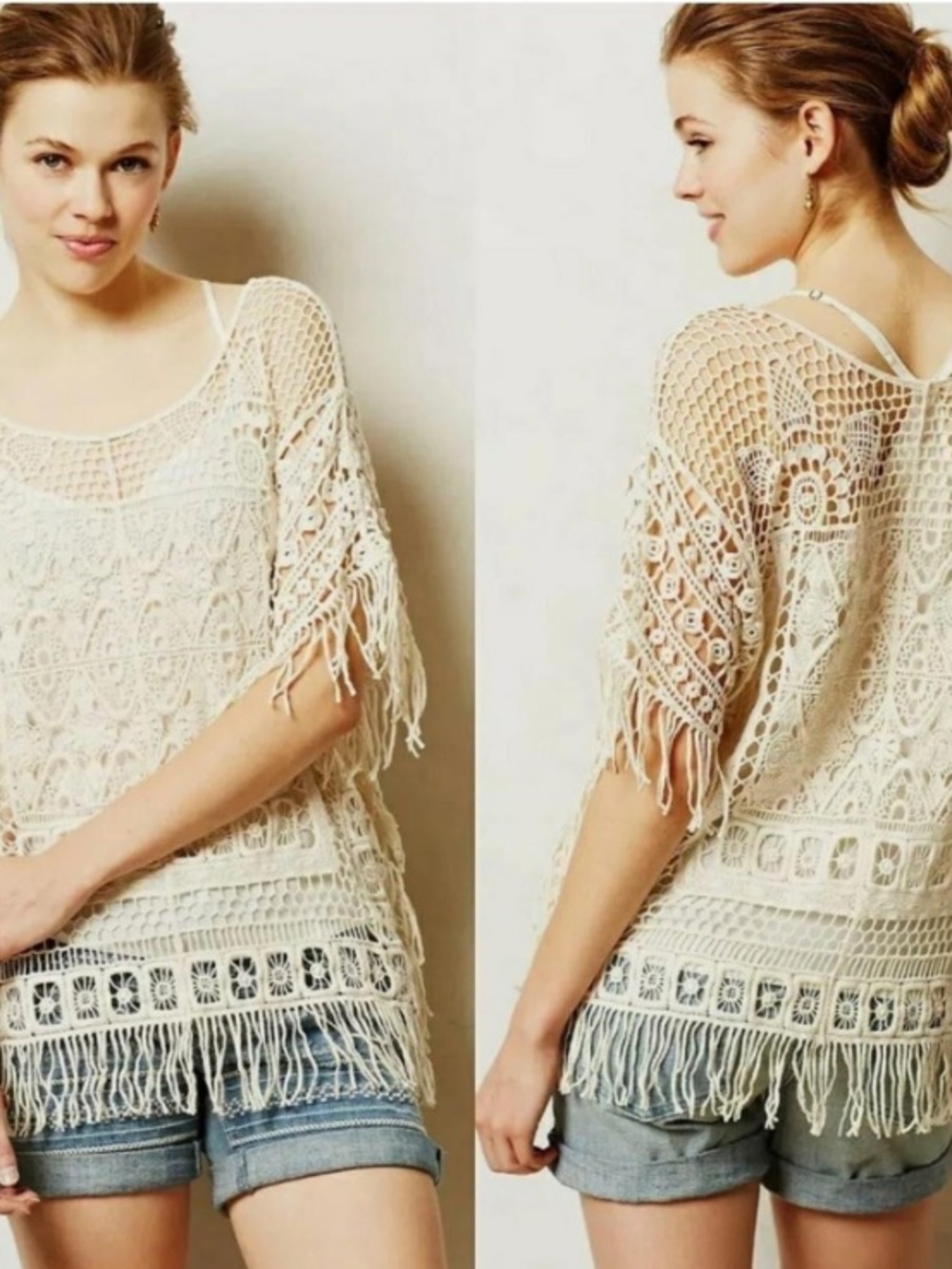 Angel of the North Anthropologie Cream Crochet Fringe Boho Top Womens Sz. M/L
